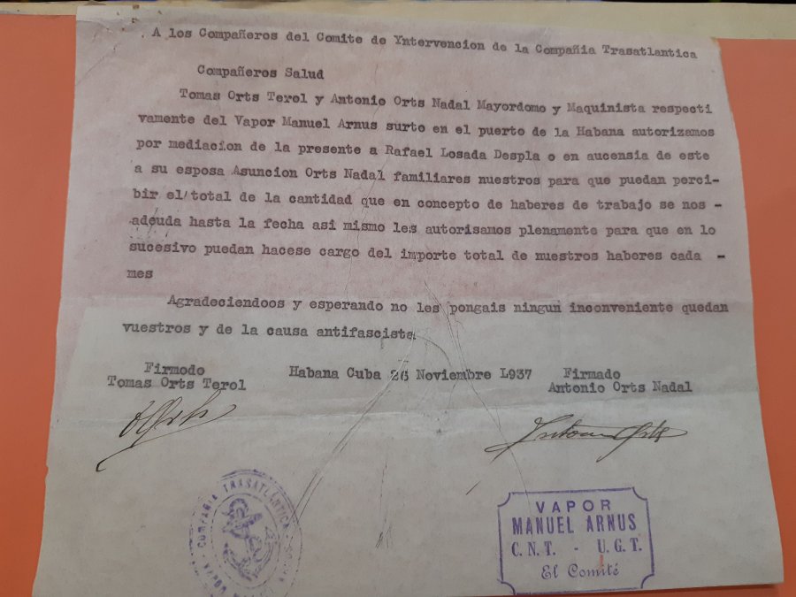 Cartas entre familiares de dos tripulantes del vapor Manuel Arnús y la Compañía Trasatlántica incautada
