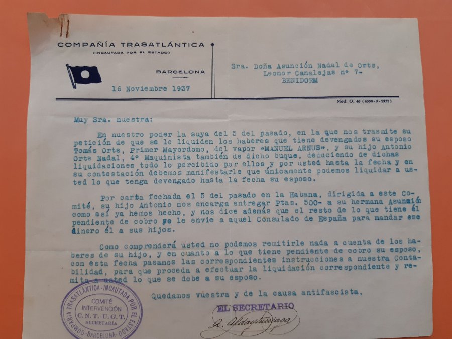 Cartas entre familiares de dos tripulantes del vapor Manuel Arnús y la Compañía Trasatlántica incautada